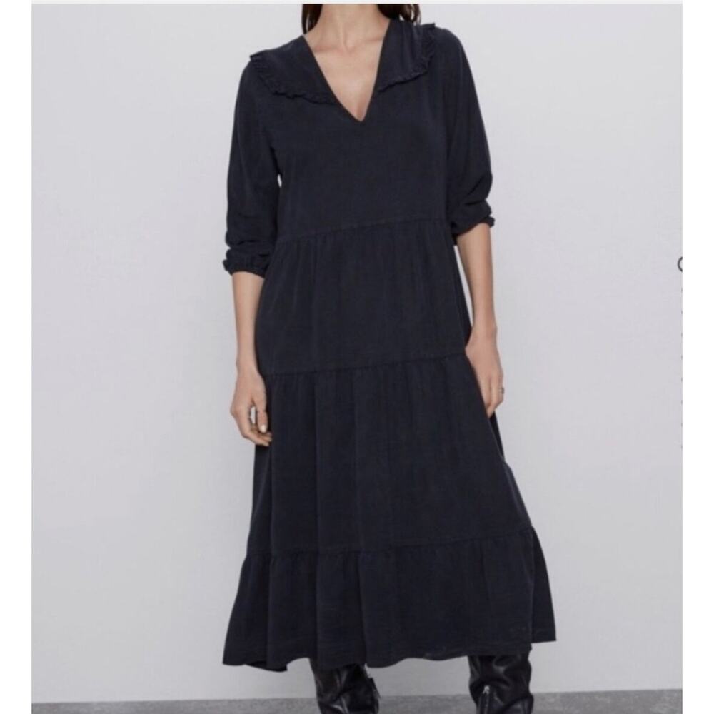 Zara Women’s XS Tiered Midi Dress Black V Neck Ruffle Flowy Boho Western EUC